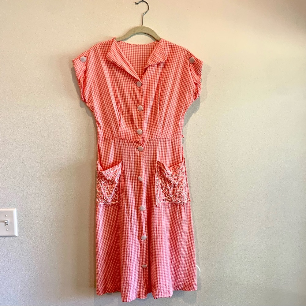 Vintage Pink White Gingham Button Front Midi Dress 50s 60s